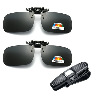 2PCS Polarized Clip on Glasses Polarized Lens Clip Glasses Clip-on Sunglasses Anti Glare Vision Polarized Clip UV400 Rimless Flip Up Anti Glare Driving Glasses + Glasses Holder for Car Sun Visor