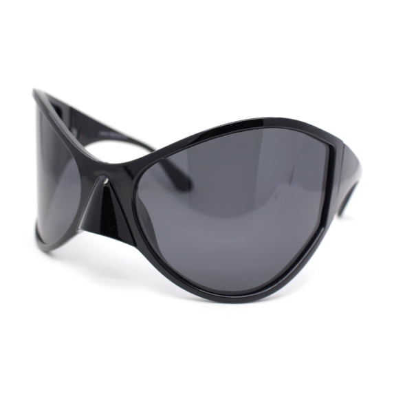 Polarized Exaggerated XXL Wrap Curved Mask Style Plastic Sunglasses All Black