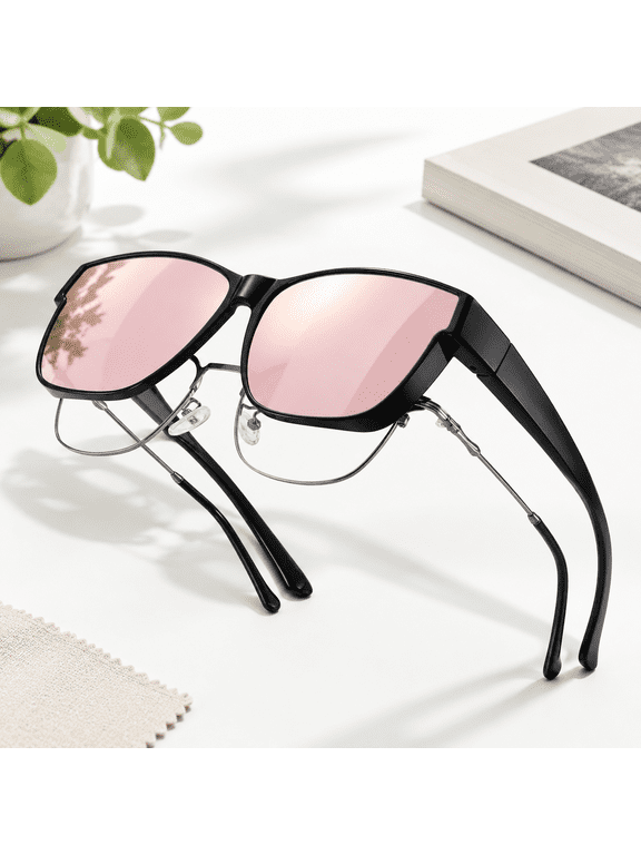 Polarized Fit Over Glasses Oversized Square Sunglasses, A06 Black/Pink, UV400 Protection