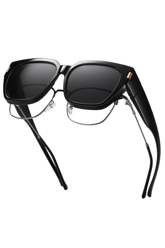 Polarized Fit Over Glasses Sunglasses for Women Men Trendy Square Wrap Around Shades UV Protection BlackGrey