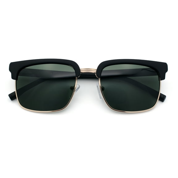 Polarized Hipster Fashion Half Rim Rectangle Iconic Gentlemanly Sunglasses Matte Black Gold - Green