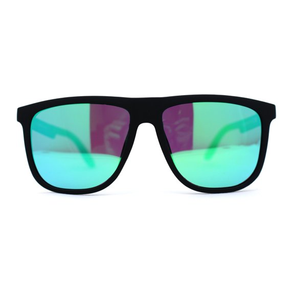 Polarized Hipster Flat Top Horn Rim Light Weight Slick Sunglasses Matte Black Green Mirror