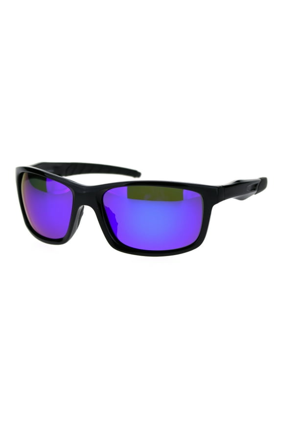 Polarized Mens Classic Light Weight Plastic Warp Around Sport Sunglasses Black Blue Mirror