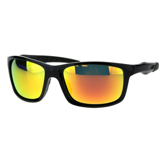 Polarized Mens Classic Light Weight Plastic Warp Around Sport Sunglasses Black Orange Mirror