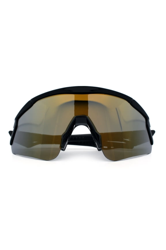 Polarized Mens Classic Oversized Mirror Wrap Half Rim Sport Plastic Sunglasses Shiny Black - Gold Mirror