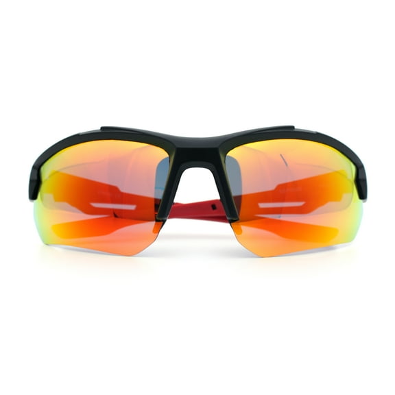 Polarized Mens Color Mirror Baseball Half Rim Wrap Sport Plastic Sunglasses Black Red - Orange Mirror