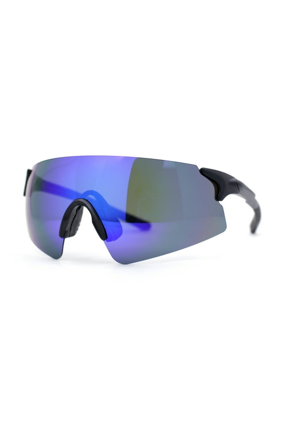 Polarized Mens Cool Mirror Curved Shield Rimless Plastic Sport Sunglasses Black - Blue Mirror