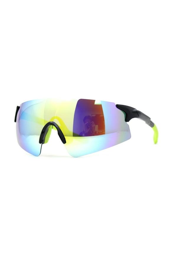 Polarized Mens Cool Mirror Curved Shield Rimless Plastic Sport Sunglasses Black Green - Yellow Mirror
