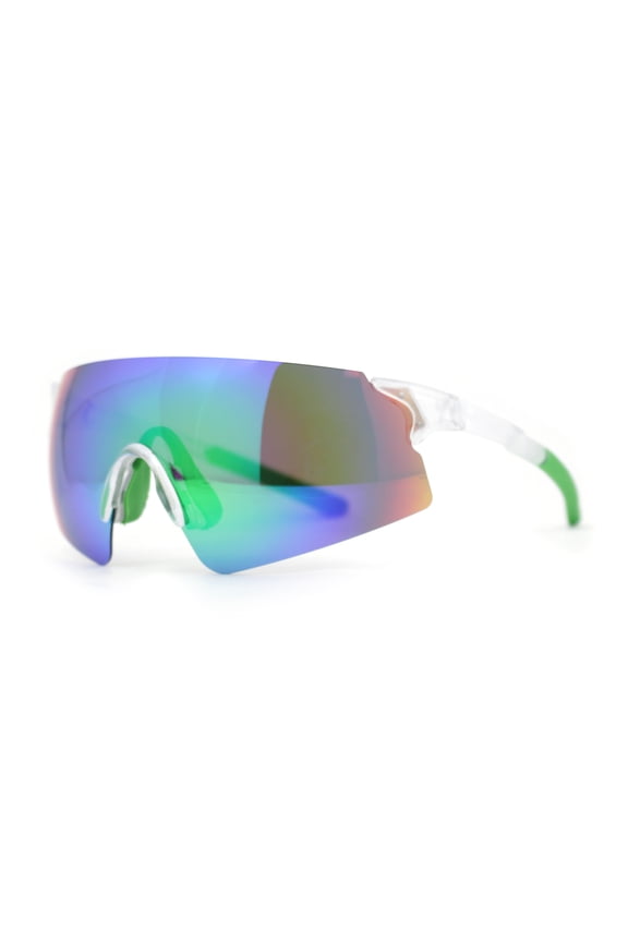 Polarized Mens Cool Mirror Curved Shield Rimless Plastic Sport Sunglasses Clear - Green Mirror