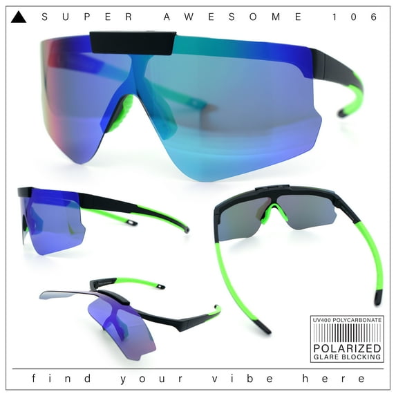 Polarized Mens Flip Up Rimless Oversized Shield Plastic Sport Sunglasses Black Green - Teal Mirror