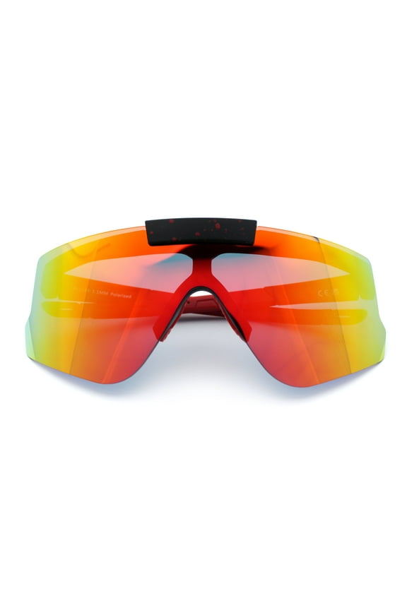 Polarized Mens Flip Up Rimless Oversized Shield Plastic Sport Sunglasses Black Red - Orange Mirror