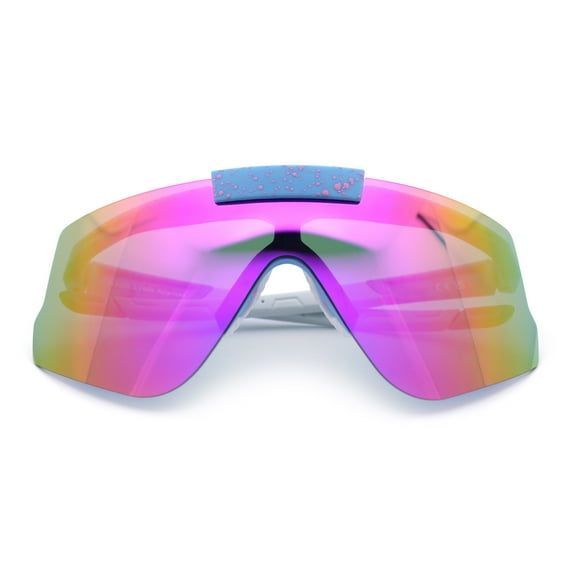 Polarized Mens Flip Up Rimless Oversized Shield Plastic Sport Sunglasses Blue - Purple Mirror