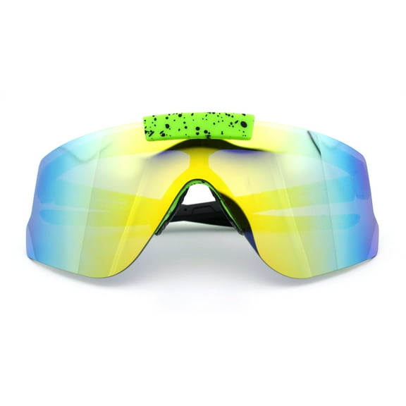 Polarized Mens Flip Up Rimless Oversized Shield Plastic Sport Sunglasses Green - Yellow Mirror