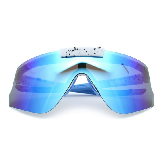 Polarized Mens Flip Up Rimless Oversized Shield Plastic Sport Sunglasses White - Blue Mirror