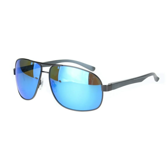 Polarized Mens Narrow Rectangle Metal Rim Officer Style Pilots Sunglasses Gunmetal Blue Mirror