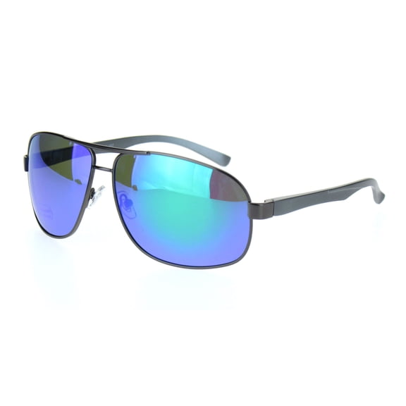 Polarized Mens Narrow Rectangle Metal Rim Officer Style Pilots Sunglasses Gunmetal Teal Mirror