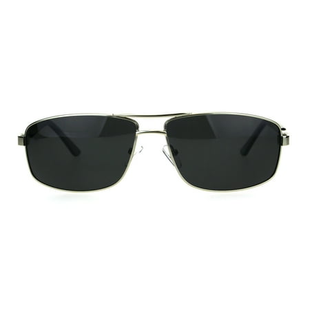 Polarized Mens Narrow Rectangular Pilots Metal Rim Sunglasses Silver Black