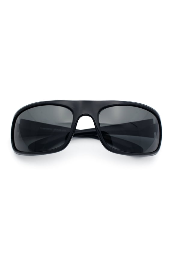 Polarized Mens Rectangle Wrap Classic Biker Style Sport Plastic Sunglasses Shiny Black - Black