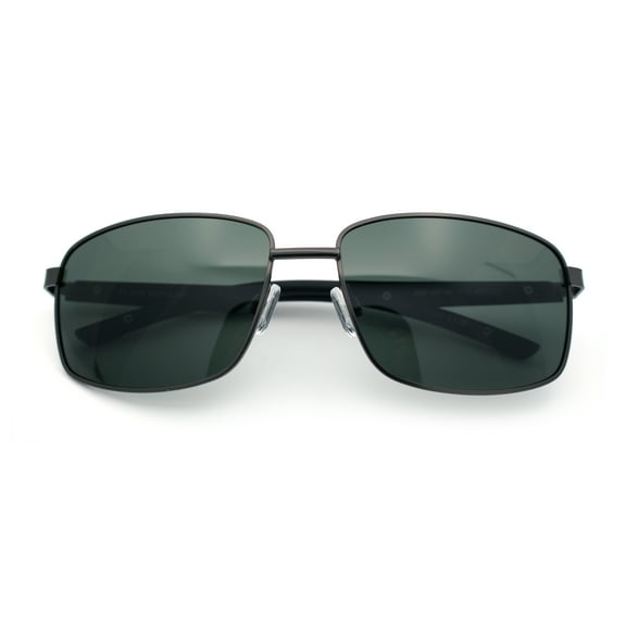 Polarized Mens Rectangular Metal Rim Gentlemanly Wrap Curved Sunglasses [Gunmetal - Green]