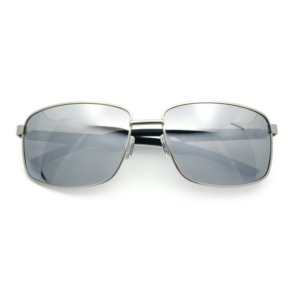 Polarized Mens Rectangular Metal Rim Gentlemanly Wrap Curved Sunglasses [Silver - Silver Mirror]