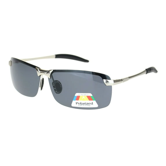 Polarized Mens Rimless Sport Metal Rim Rectangular Sunglasses Silver Black