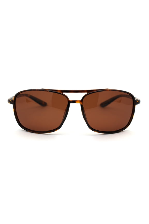 Polarized Mens Thin Plastic Rectangular Officer Racer Sunglasses Shiny Tortoise Brown