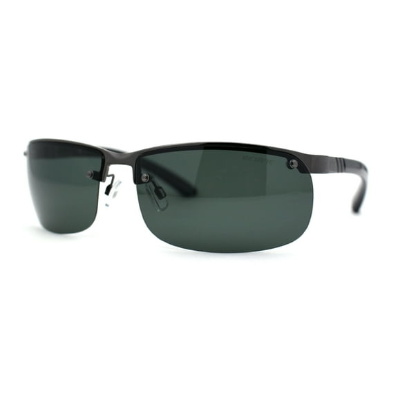 Polarized Metal Half Rim Wrap Rectangular Agent Sunglasses Gunmetal Green