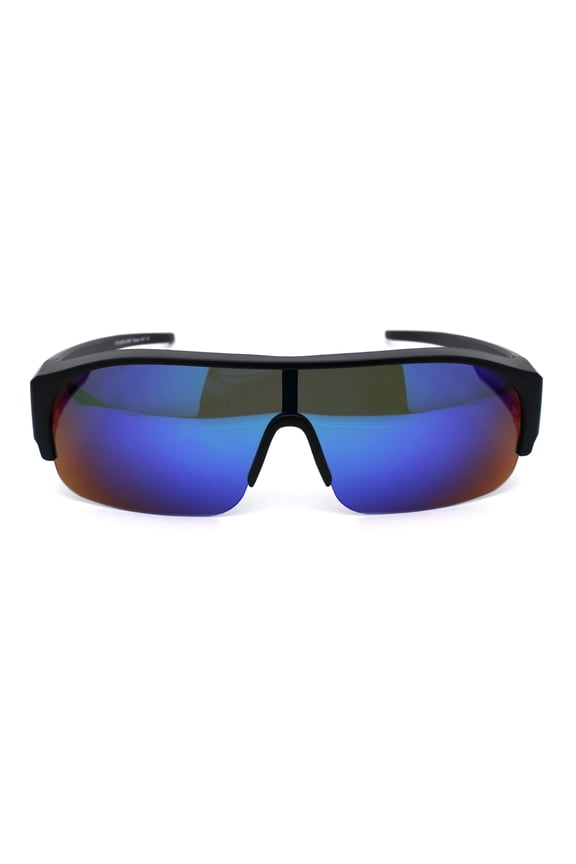 Polarized Mirror 60mm Half Rim Rectangle Wear Over Eyeglasses Sunglasses Matte Black Teal Mirror