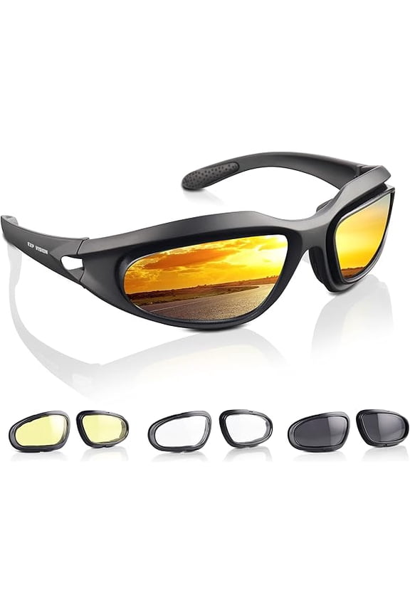 Polarized Motorcycle Riding Goggles, Windproof Cycling Glasses UV400 Outdoor Sports Sunglasses Interchangeable Lenes for Running, Baseball Golf, Driving, Fishing, Riding, Mountain Bike, Hiking
