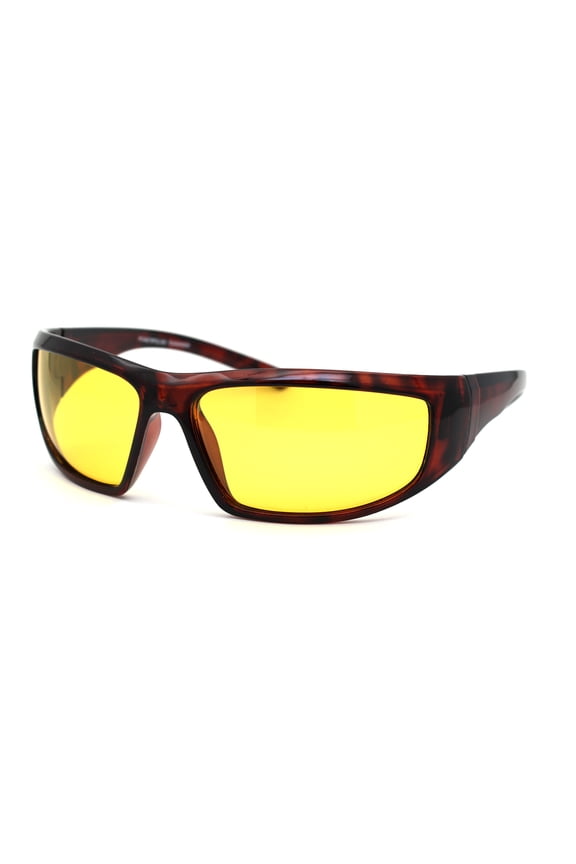 Polarized Night Driving Yellow Lens Warp Around Biker Plastic Sunglasses Shiny Tortoise