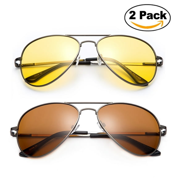 Polarized Night Vision Driving Glasses Yellow Amber Lens & Day Time Driving Sunglasses Copper Lens-Classic Aviator Style Glasses with Comfortable Spring Hinge Fit for Most People!