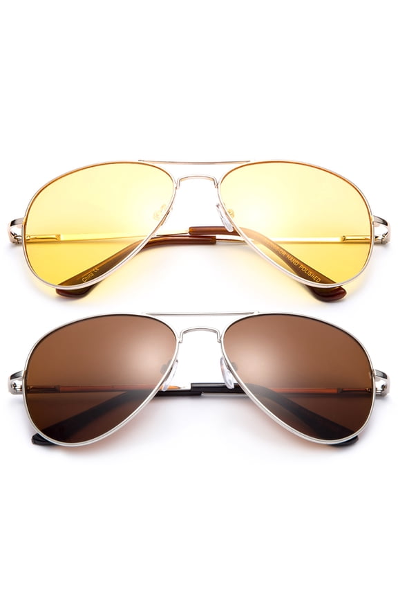 Polarized Night Vision Driving Glasses Yellow Amber Lens & Day Time Driving Sunglasses Copper Lens-Classic Aviator Style Glasses with Comfortable Spring Hinge Fit for Most People!
