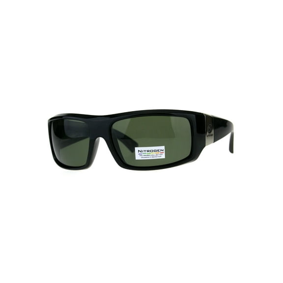 Polarized Nitrogen Thick Plastic Warp Biker Sport Sunglasses Shiny Black Green