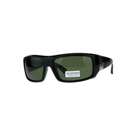 Polarized Nitrogen Thick Plastic Warp Biker Sport Sunglasses Shiny Black Green