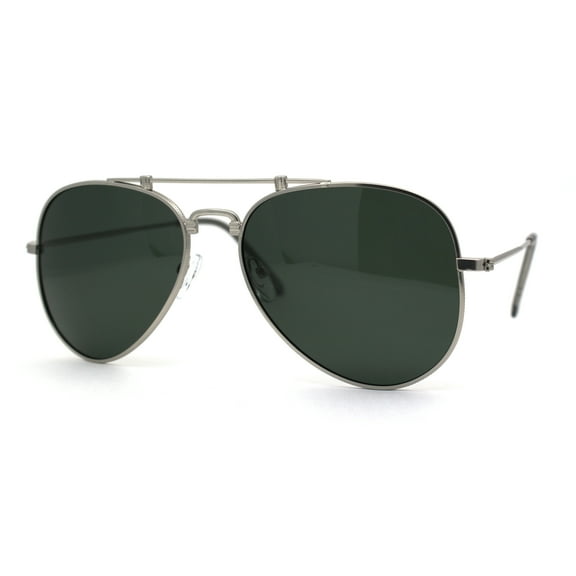 Polarized No Glare Mens Luxury Officer Style Metal Rim Sunglasses Silver Green