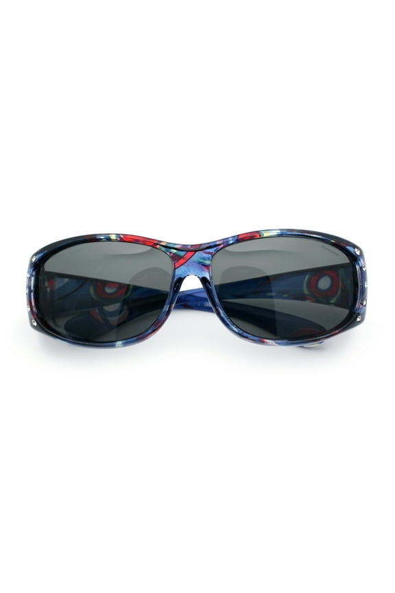 Polarized Rhinestone Geometric 55mm Translucent Plastic Fit Over Sunglasses Blue Red - Black