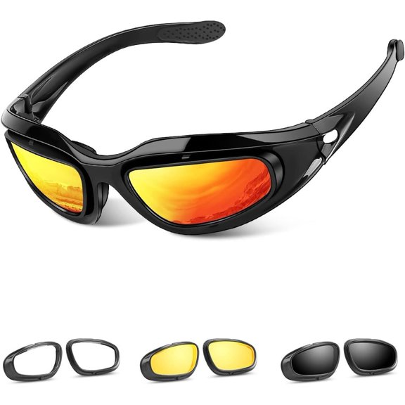Polarized  Riding Glasses Goggles for Men  Padding, Windproof Anti-dust Sunglasses w/ 4 Interchangeable Lens Kit & Case, Protective Eyewear for Driving Biking Day and Night