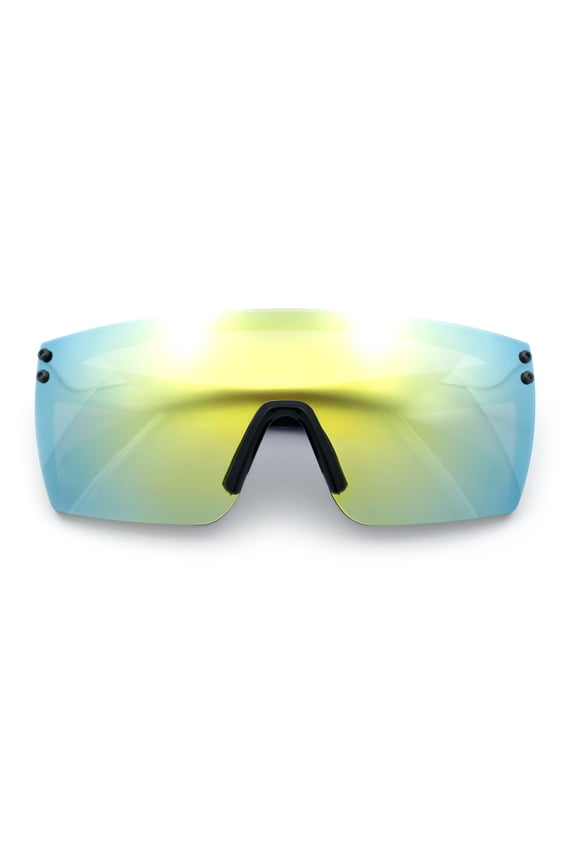 Polarized Rimless Oversized Shield Flat Top High Temple Plastic Sport Sunglasses Black Gold - Yellow Mirror