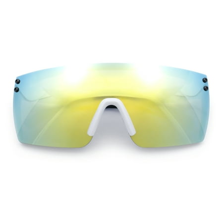 Polarized Rimless Oversized Shield Flat Top High Temple Plastic Sport Sunglasses White Gold - Yellow Mirror
