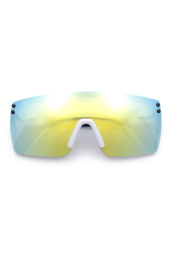Polarized Rimless Oversized Shield Flat Top High Temple Plastic Sport Sunglasses White Gold - Yellow Mirror