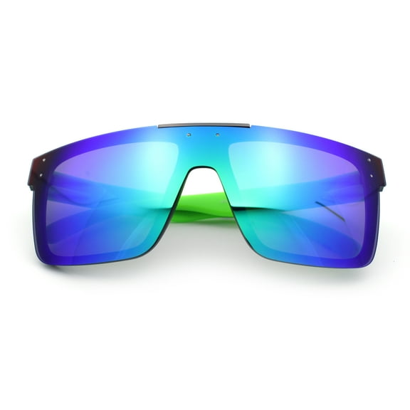 Polarized Rimless Skeleton Arm Shield Horn Rim Flat Top Plastic Sunglasses Green - Green Mirror