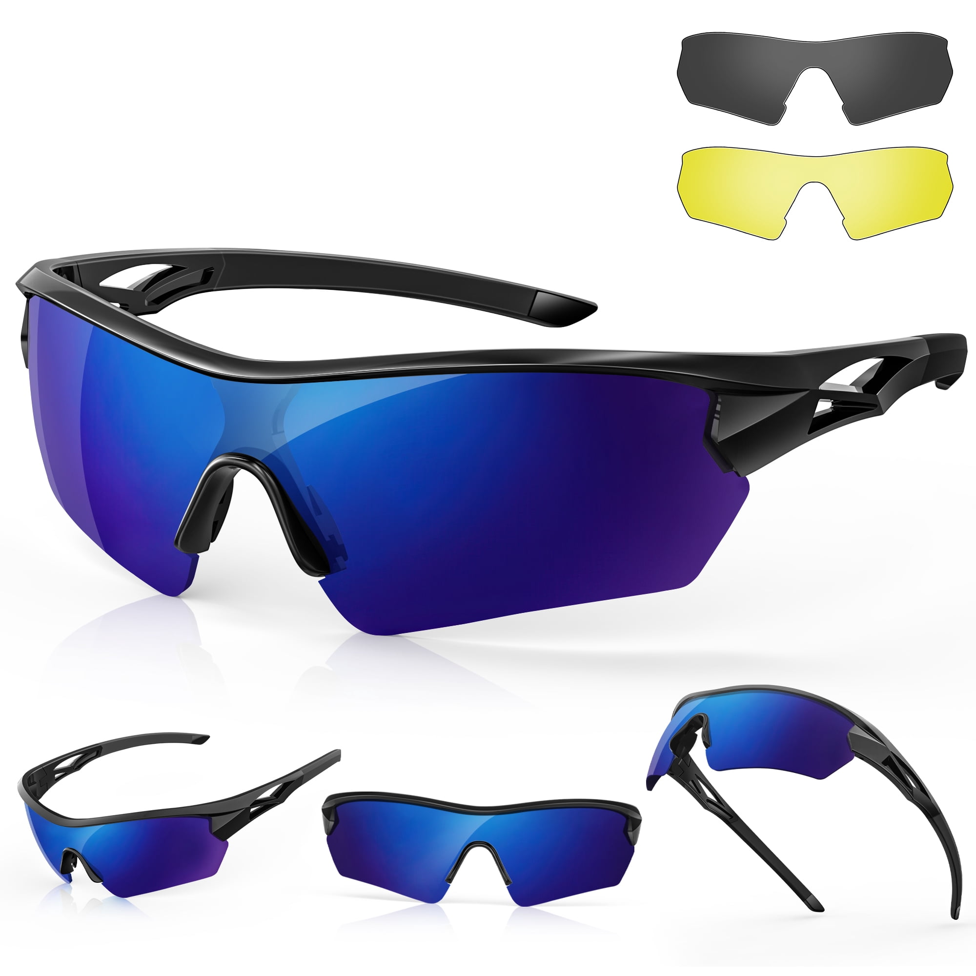 Polarized Sports Sunglasses for Men Women, UV400 Cycling Sun Glasses W/ 2 Interchangeable Lenses, Day Night HD Sunglasses, Polarized Outdoor Sunglasses for Running Driving Fishing Golf, TAC Glasses