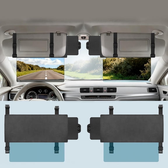 Polarized Sun Visor Extender, Upgraded UV400 Car Sun Visor Extension with PC Lens and Side Sunshade,Anti-Glare Visor for Safe Driving,UV-Filtering (No Zipper, (Driver+Passenger) Side)