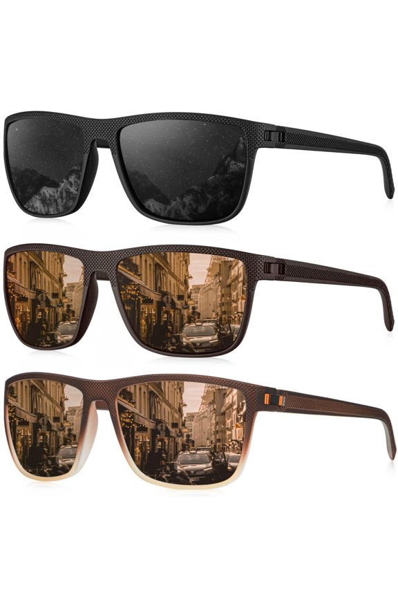 Polarized Sunglasses for Men 3-Pack, UV400 Protection Classic Rectangle Frame Lightweight Sun Glasses with Metal Spring Hinges for Driving Fishing Golf Outdoor Sports, Includes Microfiber Pouches