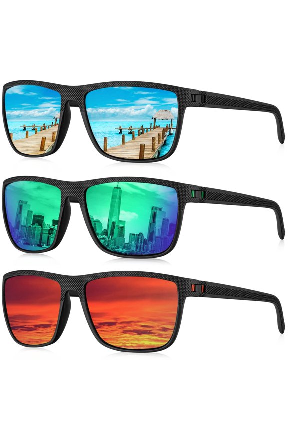 Polarized Sunglasses for Men 3-Pack, UV400 Protection Classic Rectangle Frame Lightweight Sun Glasses with Metal Spring Hinges for Driving Fishing Golf Outdoor Sports, Includes Microfiber Pouches