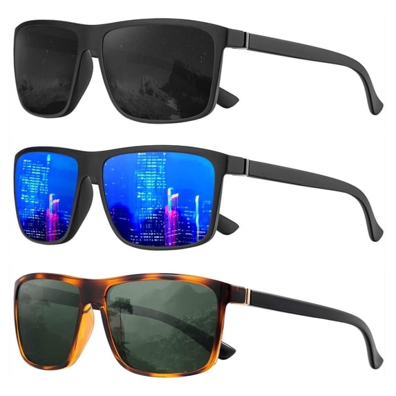 KALIYADI Polarized Sunglasses for Men and Women,Mens Classic Square Sun Glasses with UV Protection for Driving Fishing Golf(3 Pairs)