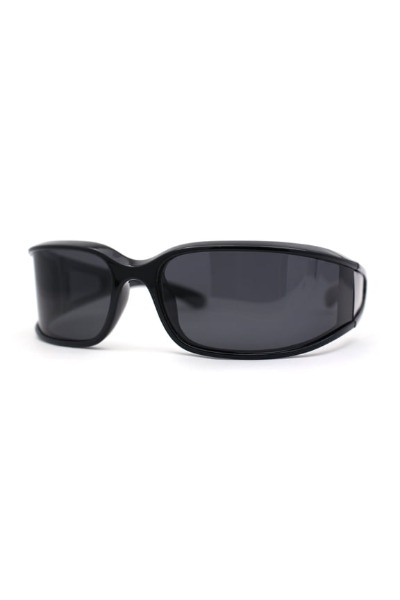 Polarized Unique Curved Side Visor Lens Narrow Rectangle Sunglasses All Black