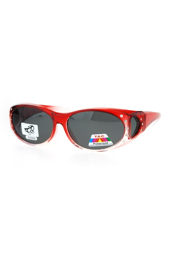 Polarized Womens 2 Tone 60mm Rhinestone Studded Oval Fit Over Sunglasses Red