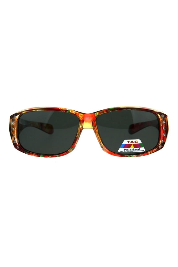 Polarized Womens Floral Print Fit Over Rectangular 54mm Sunglasses Orange Red