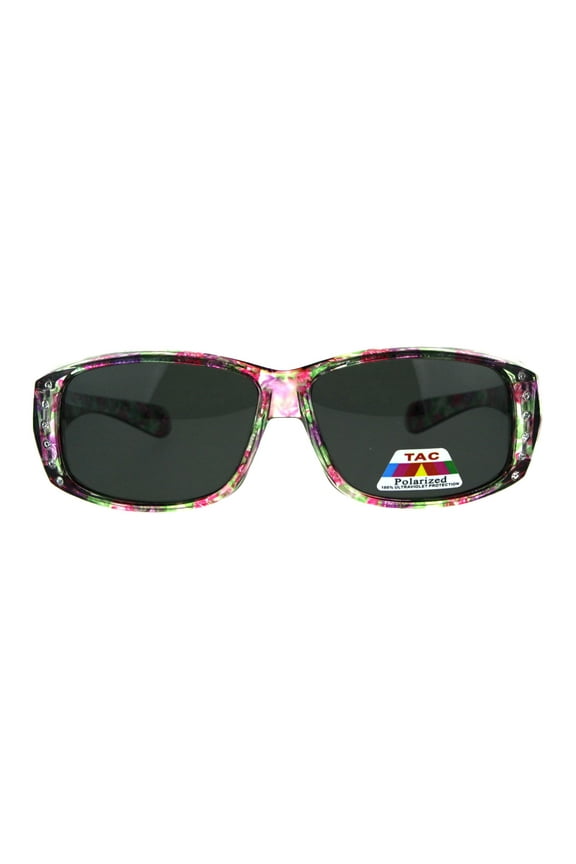 Polarized Womens Floral Print Fit Over Rectangular 54mm Sunglasses Purple Green Pink